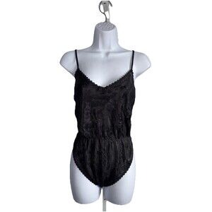 Vintage MYONNE Black Satin Bodysuit Teddy  Hi-Cut  Lingerie Sz Medium Lace Trim